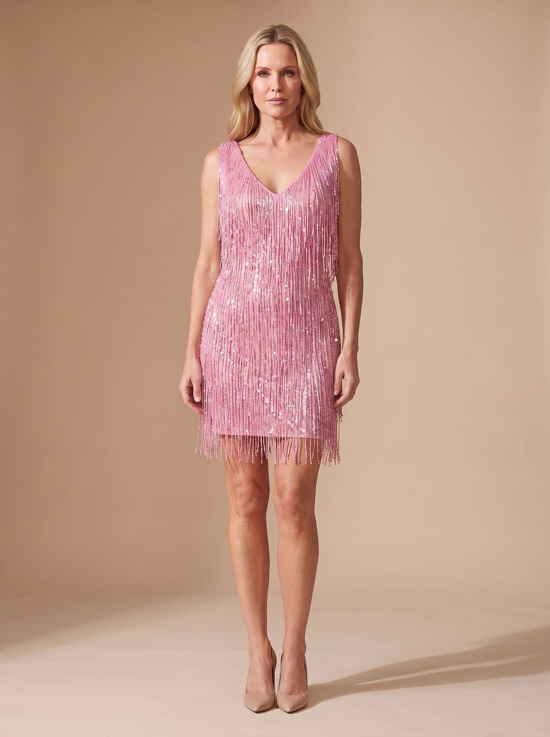 Women's Sequin Fringe V-Neck Sleeveless Christmas Party Mini Dress - Pink