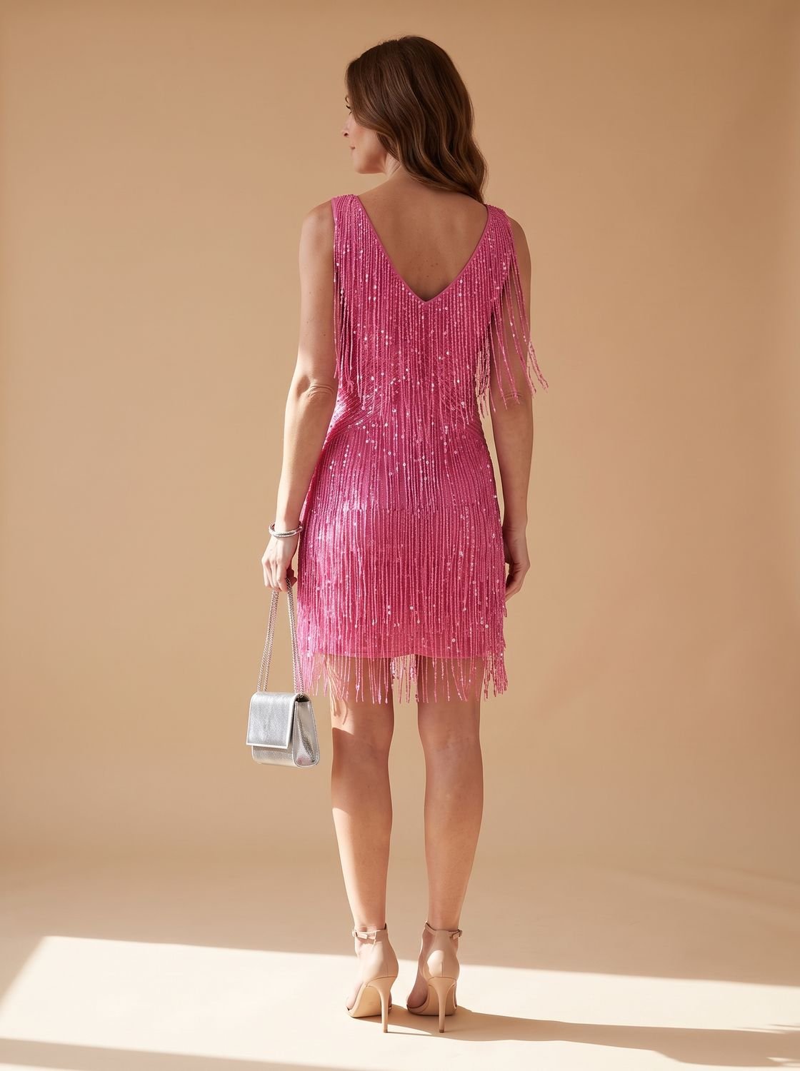 Women's Sequin Fringe V-Neck Sleeveless Christmas Party Mini Dress
