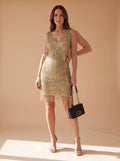Women's Sequin Fringe V-Neck Sleeveless Christmas Party Mini Dress - Gold