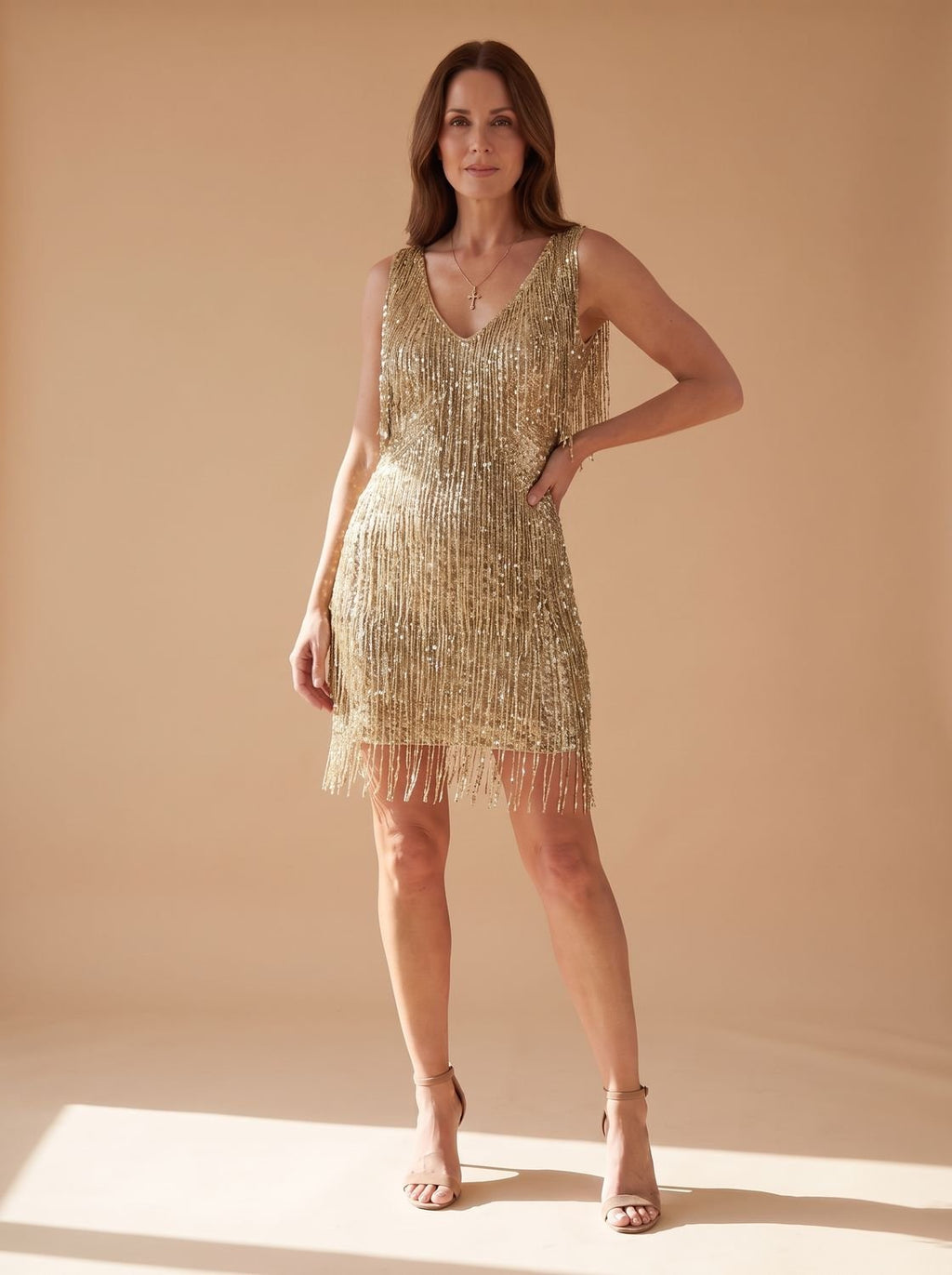 Women's Sequin Fringe V-Neck Sleeveless Christmas Party Mini Dress