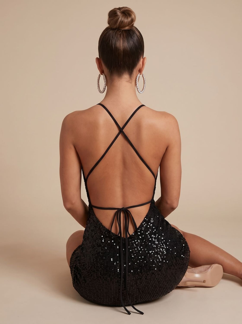 Women's Sequin Halter Deep V-Neck Backless Bodycon Mini Dress
