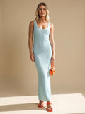 Women's Sequin Maxi Dress Sleeveless Scoop-Neck Body-Con - Blue