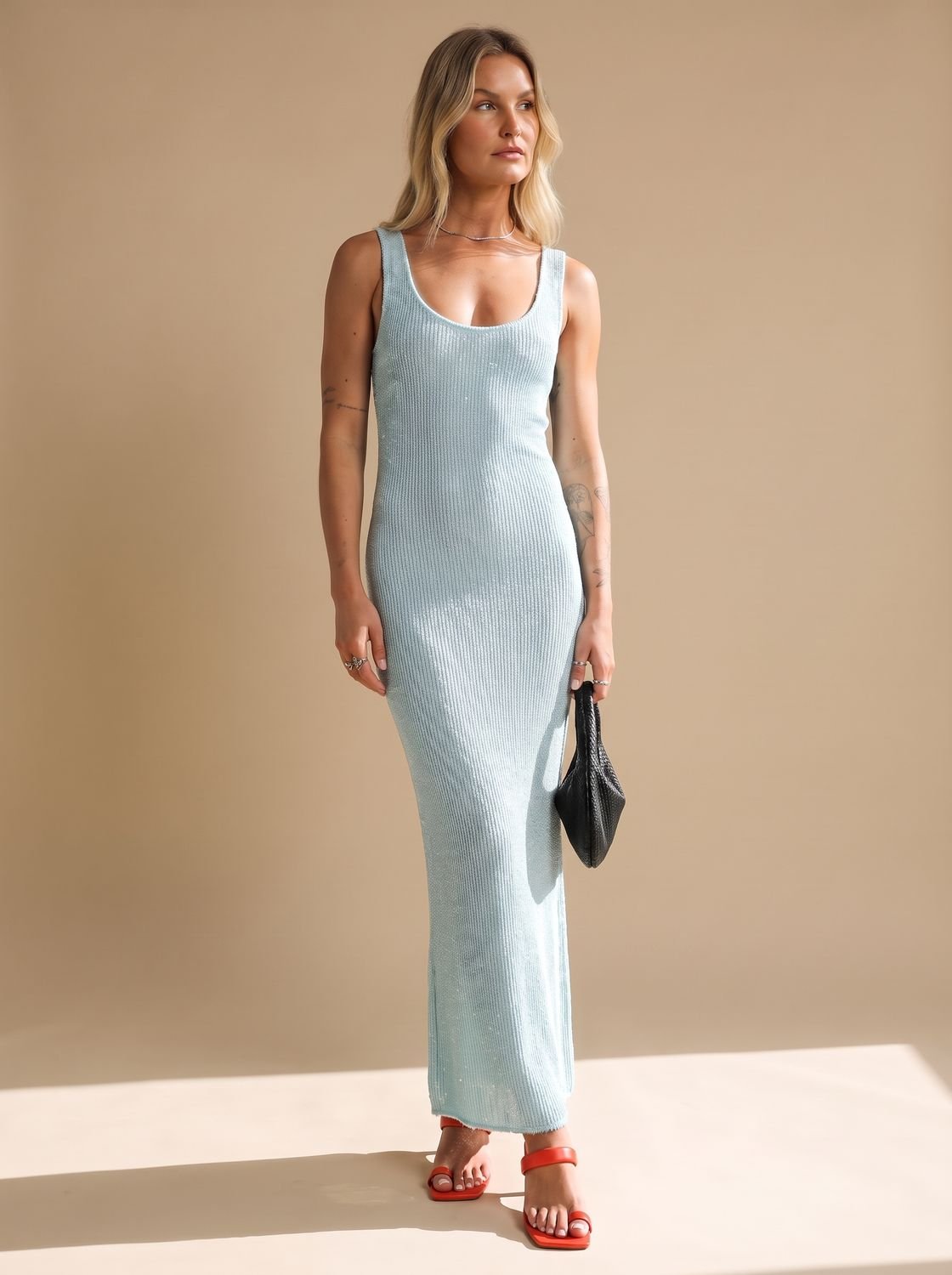 Women's Sequin Maxi Dress Sleeveless Scoop-Neck Body-Con