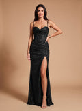 Women's Sequin Maxi Dress Sweetheart Spaghetti-Strap High-Slit Gown - Black