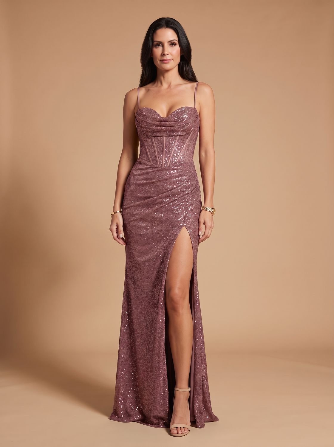 Women's Sequin Maxi Dress Sweetheart Spaghetti-Strap High-Slit Gown - Pink
