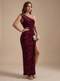 Women's Sequin One-Shoulder High-Slit Christmas Party Maxi Dress - Burgundy