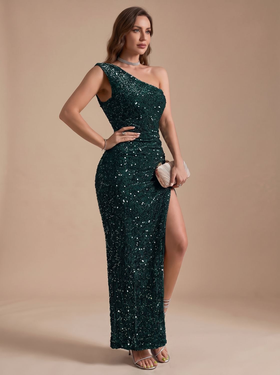 Women's Sequin One-Shoulder High-Slit Christmas Party Maxi Dress - Green