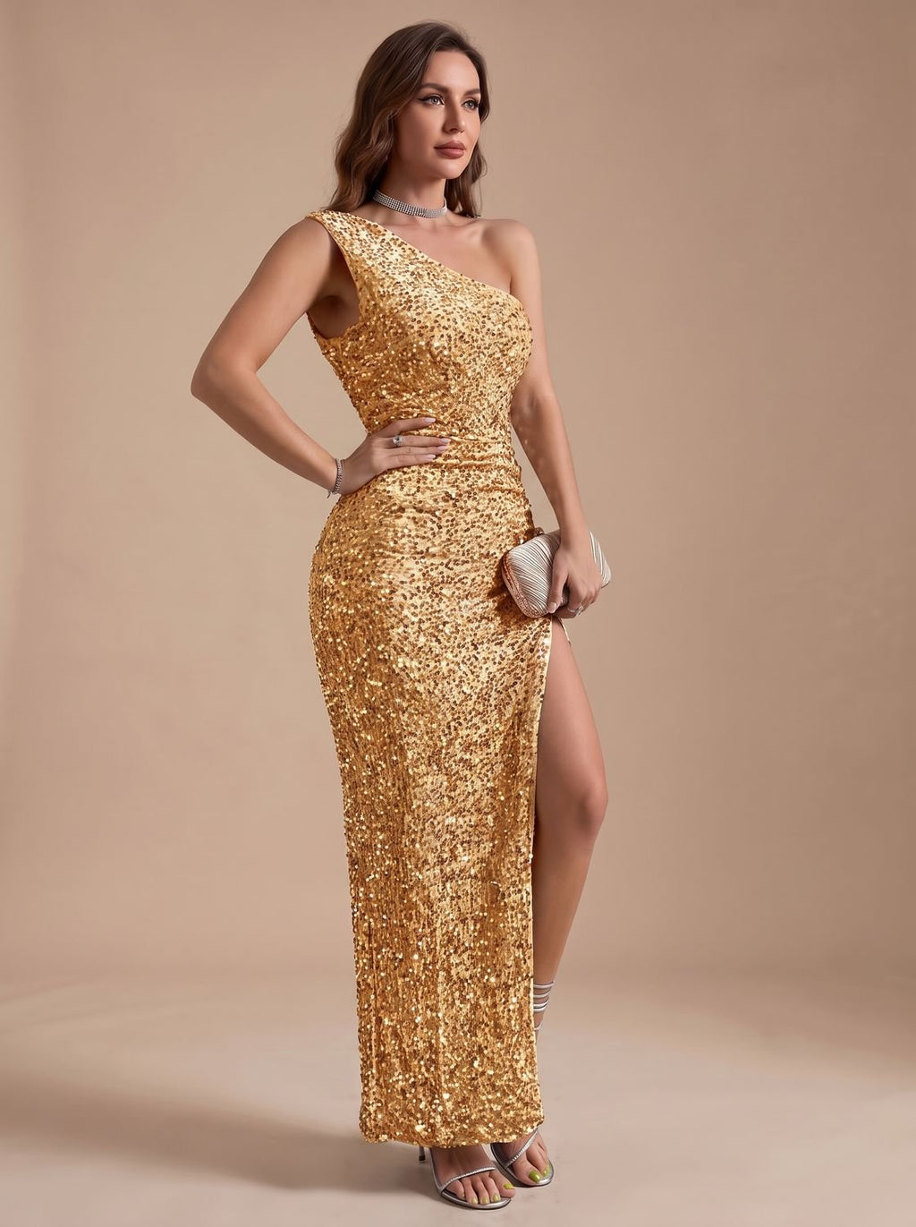 Women's Sequin One-Shoulder High-Slit Christmas Party Maxi Dress - Yellow