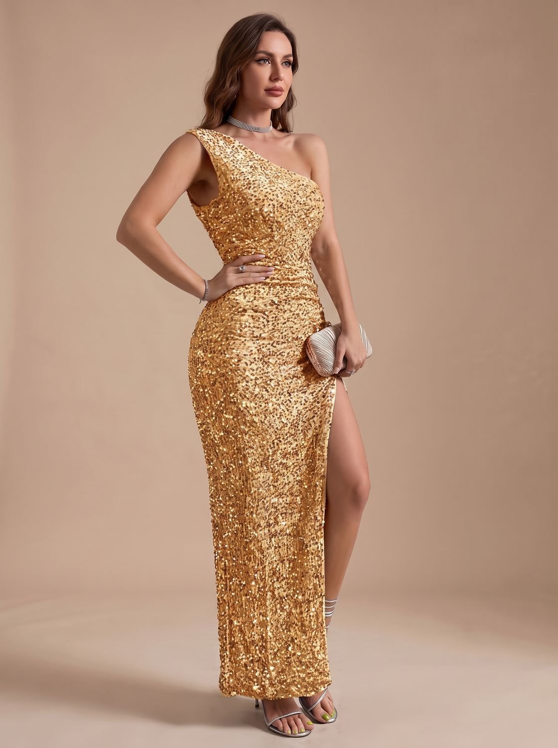 Women's Sequin One-Shoulder High-Slit Christmas Party Maxi Dress - Yellow