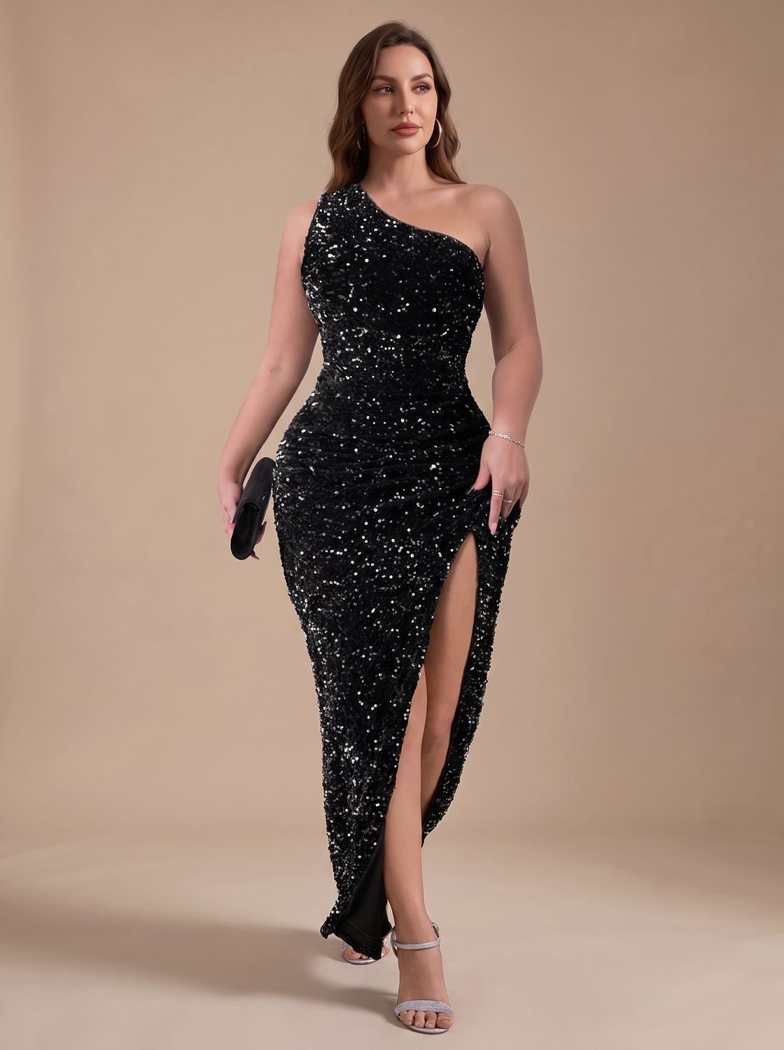 Women's Sequin One-Shoulder High-Slit Christmas Party Maxi Dress - Black