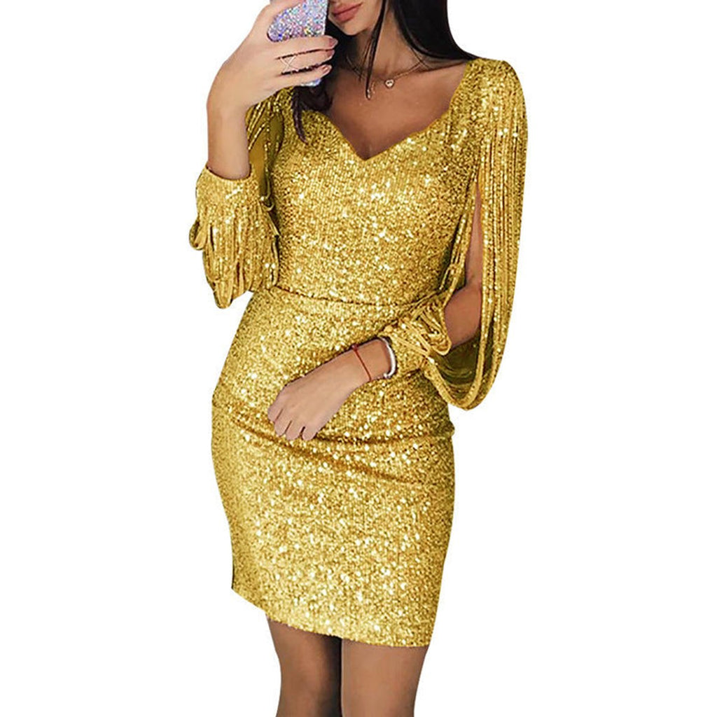 Women's Sequin V-Neck Tassel-Sleeve Bodycon Cocktail Dress