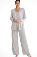 Women's Sequined Three-Piece Wide-Leg Pantsuit Evening Blazer Set - Silver