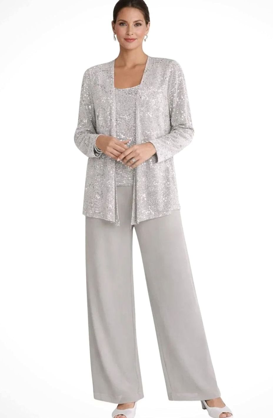 Women's Sequined Three-Piece Wide-Leg Pantsuit Evening Blazer Set - Silver