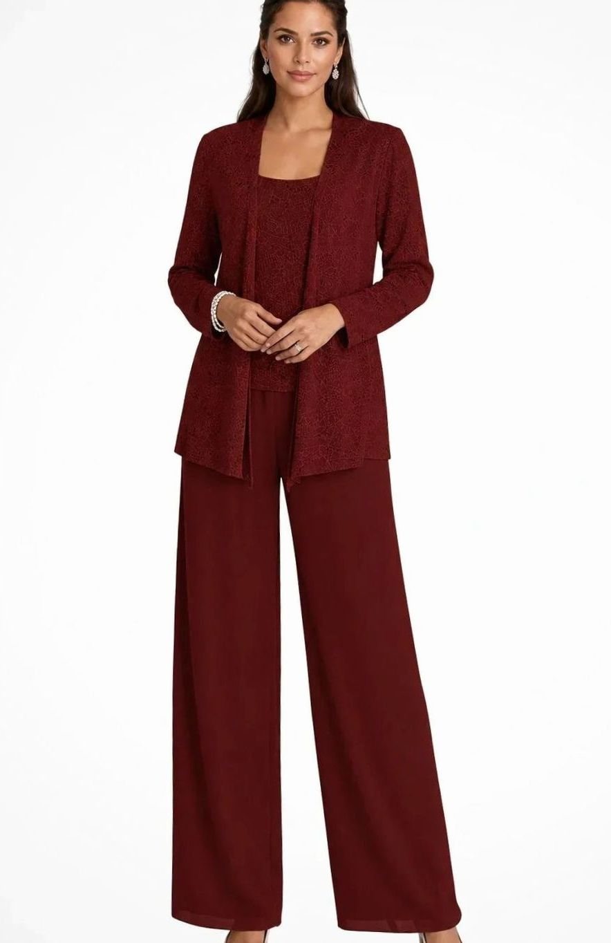 Women's Sequined Three-Piece Wide-Leg Pantsuit Evening Blazer Set - Burgundy