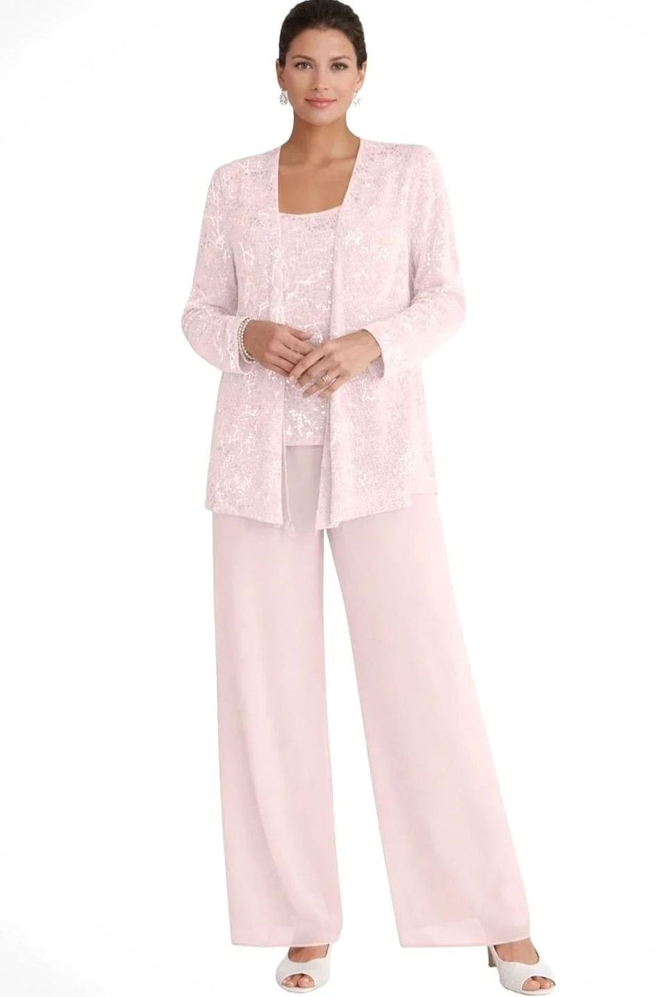 Women's Sequined Three-Piece Wide-Leg Pantsuit Evening Blazer Set - Light Pink