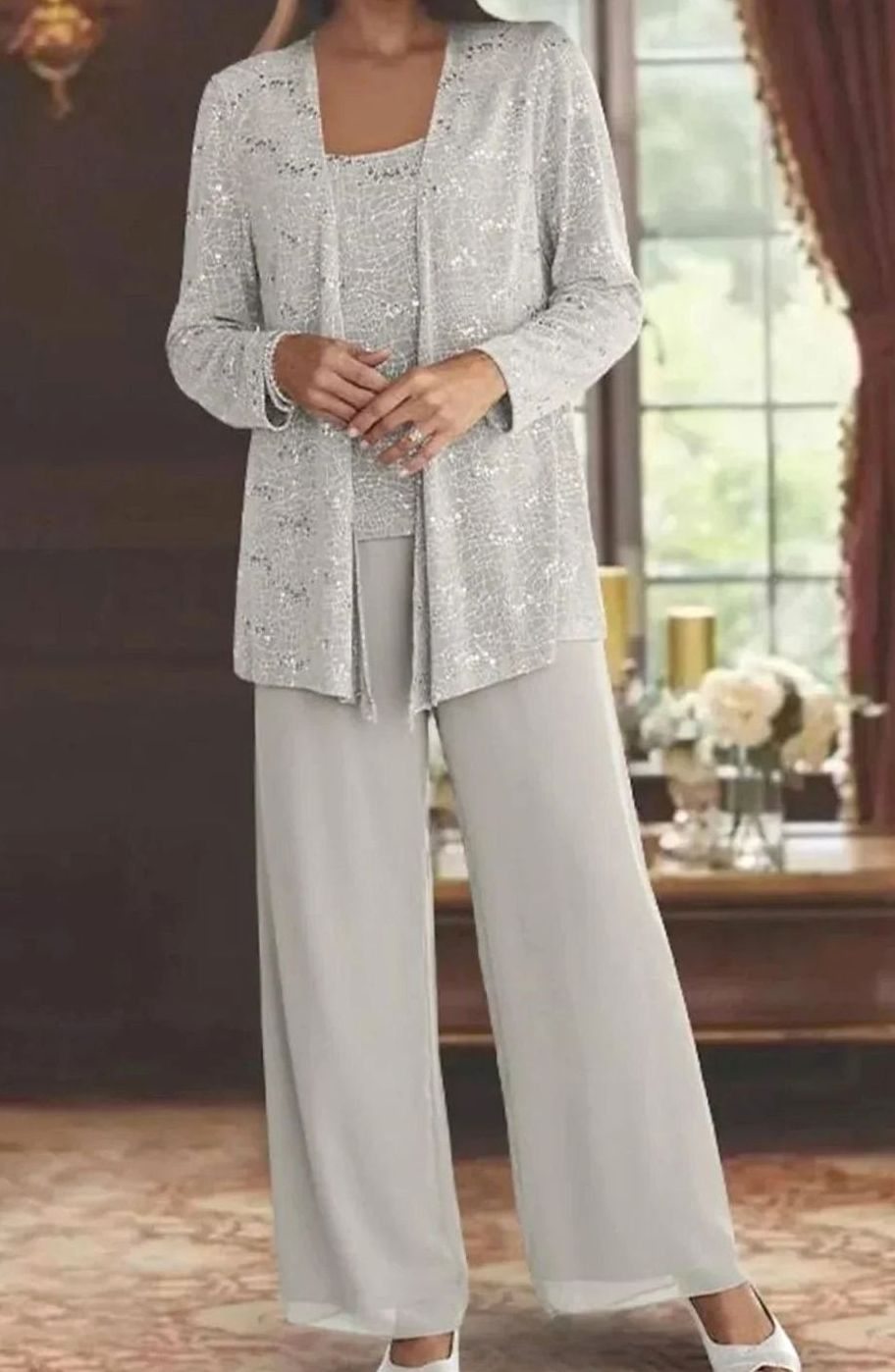 Women's Sequined Three-Piece Wide-Leg Pantsuit Evening Blazer Set