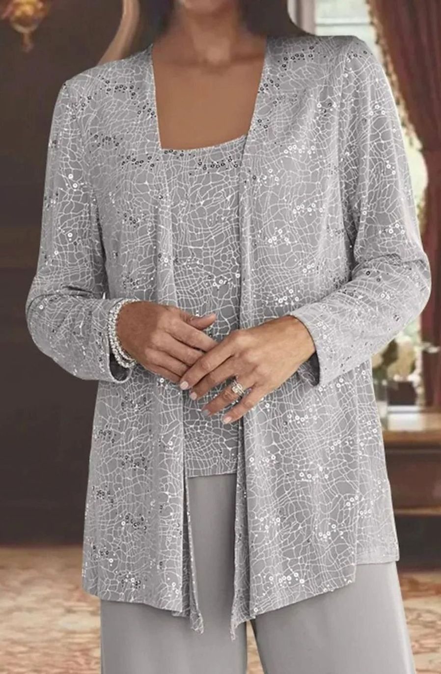 Women's Sequined Three-Piece Wide-Leg Pantsuit Evening Blazer Set