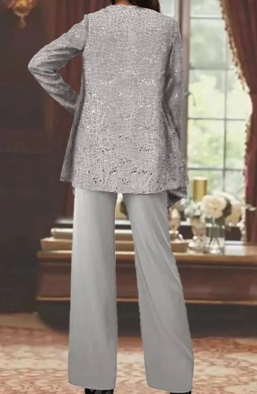 Women's Sequined Three-Piece Wide-Leg Pantsuit Evening Blazer Set