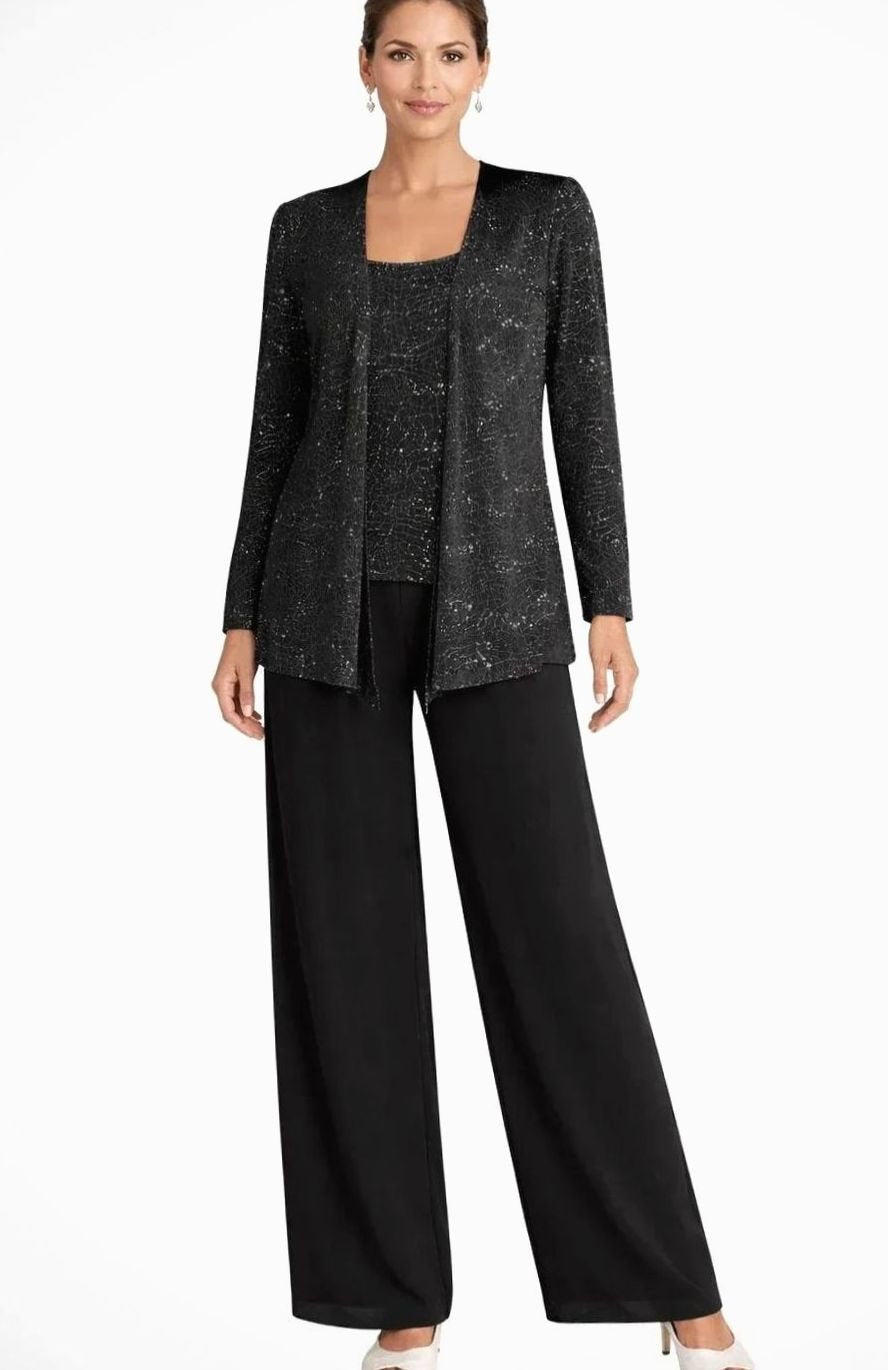 Women's Sequined Three-Piece Wide-Leg Pantsuit Evening Blazer Set - Black