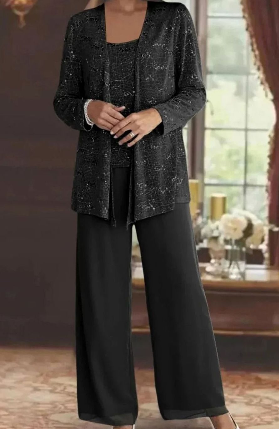 Women's Sequined Three-Piece Wide-Leg Pantsuit Evening Blazer Set