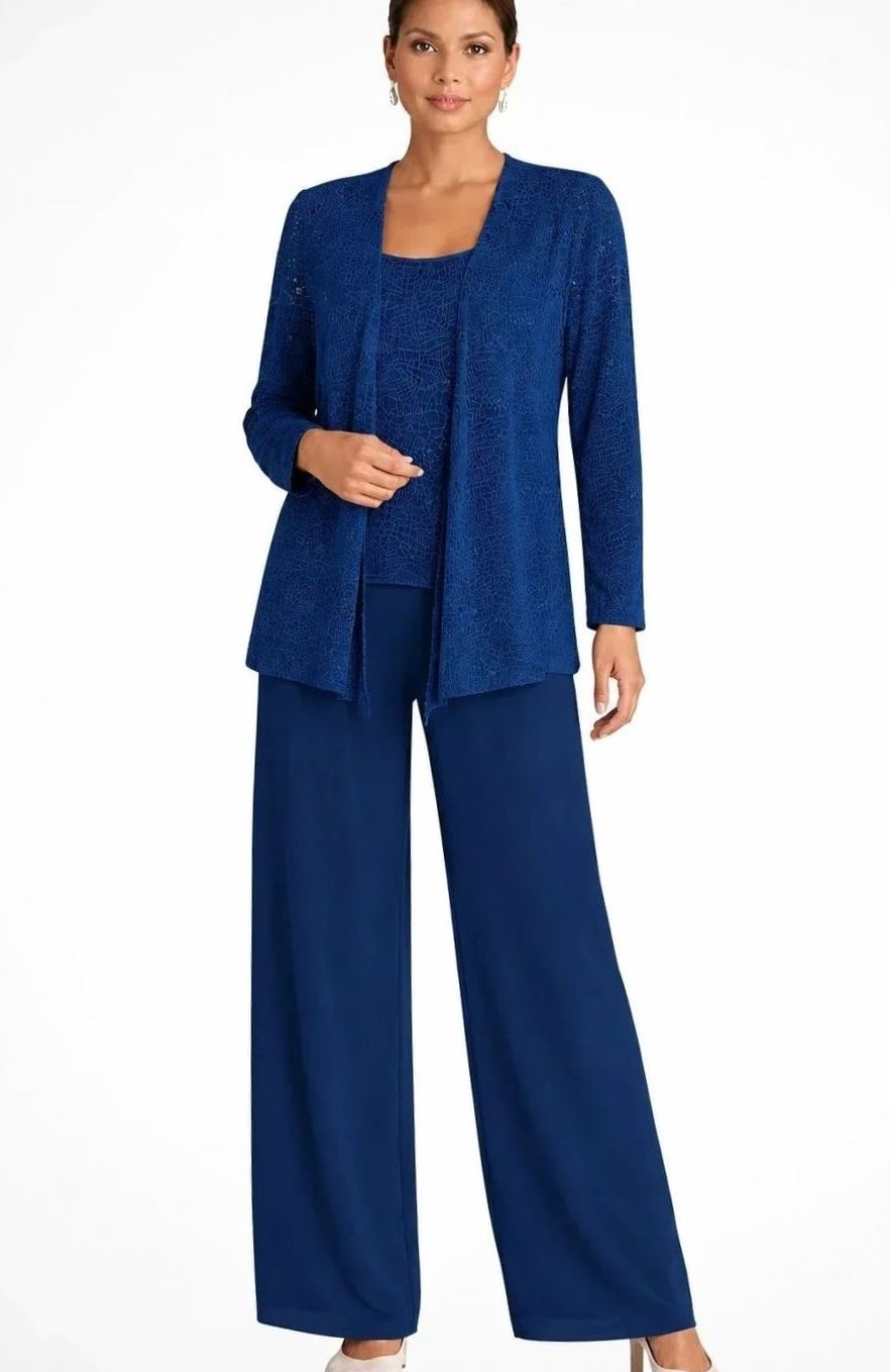 Women's Sequined Three-Piece Wide-Leg Pantsuit Evening Blazer Set - Navy Blue