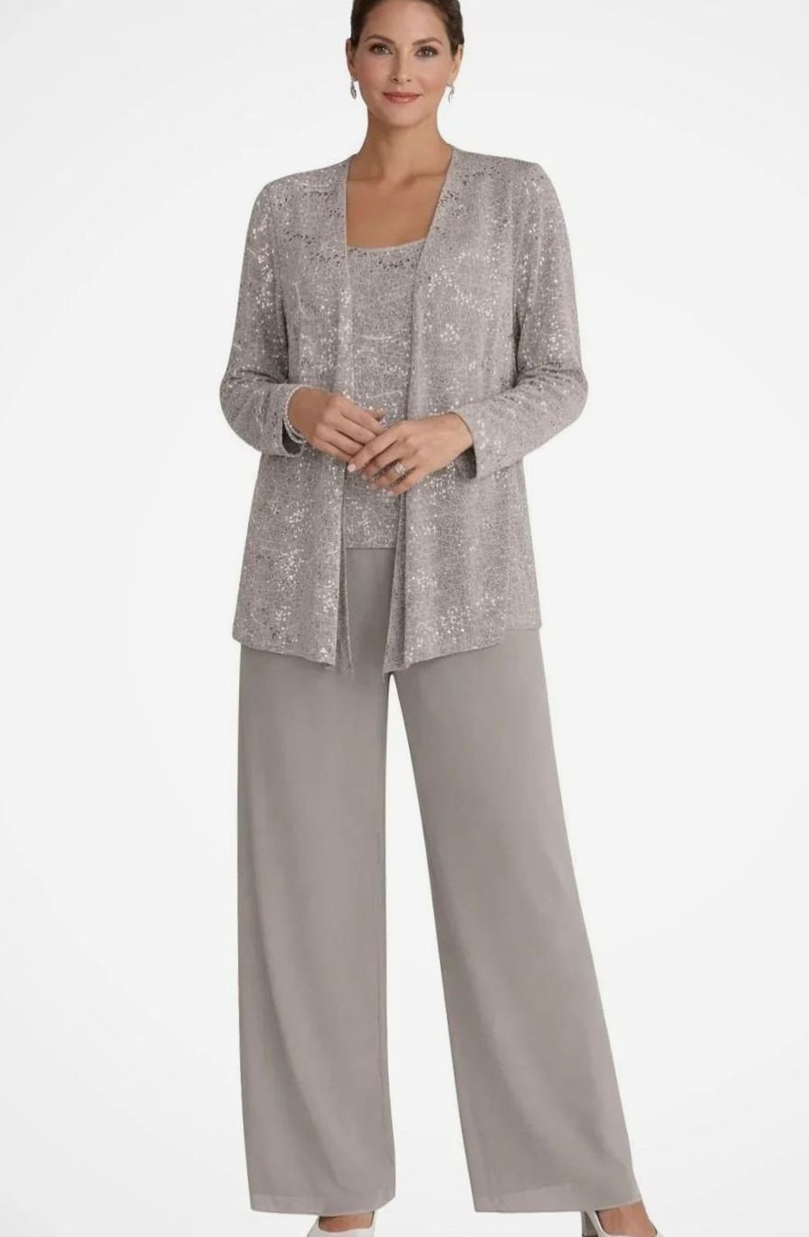 Women's Sequined Three-Piece Wide-Leg Pantsuit Evening Blazer Set - Beige