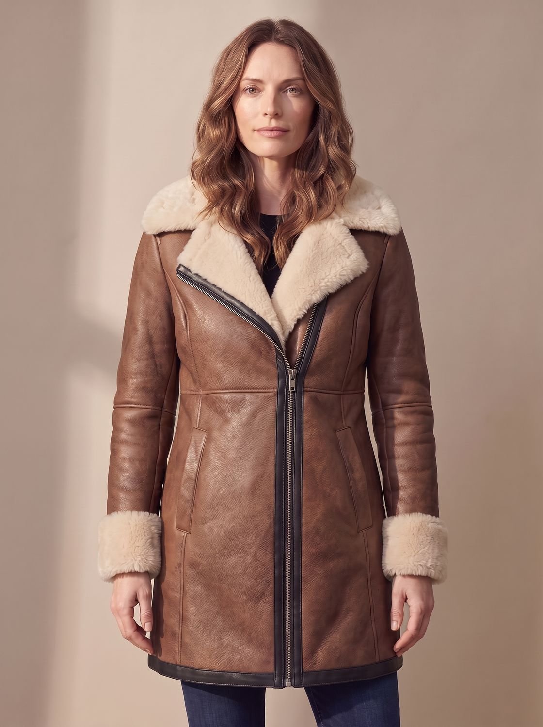 Women's Shearling-Collar Zip-Front Leather Winter Coat - Brown