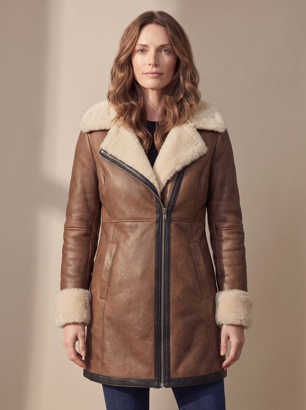 Women's Shearling-Collar Zip-Front Leather Winter Coat