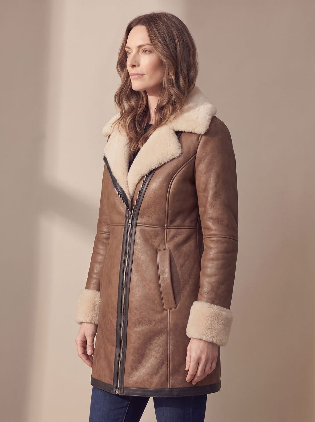 Women's Shearling-Collar Zip-Front Leather Winter Coat