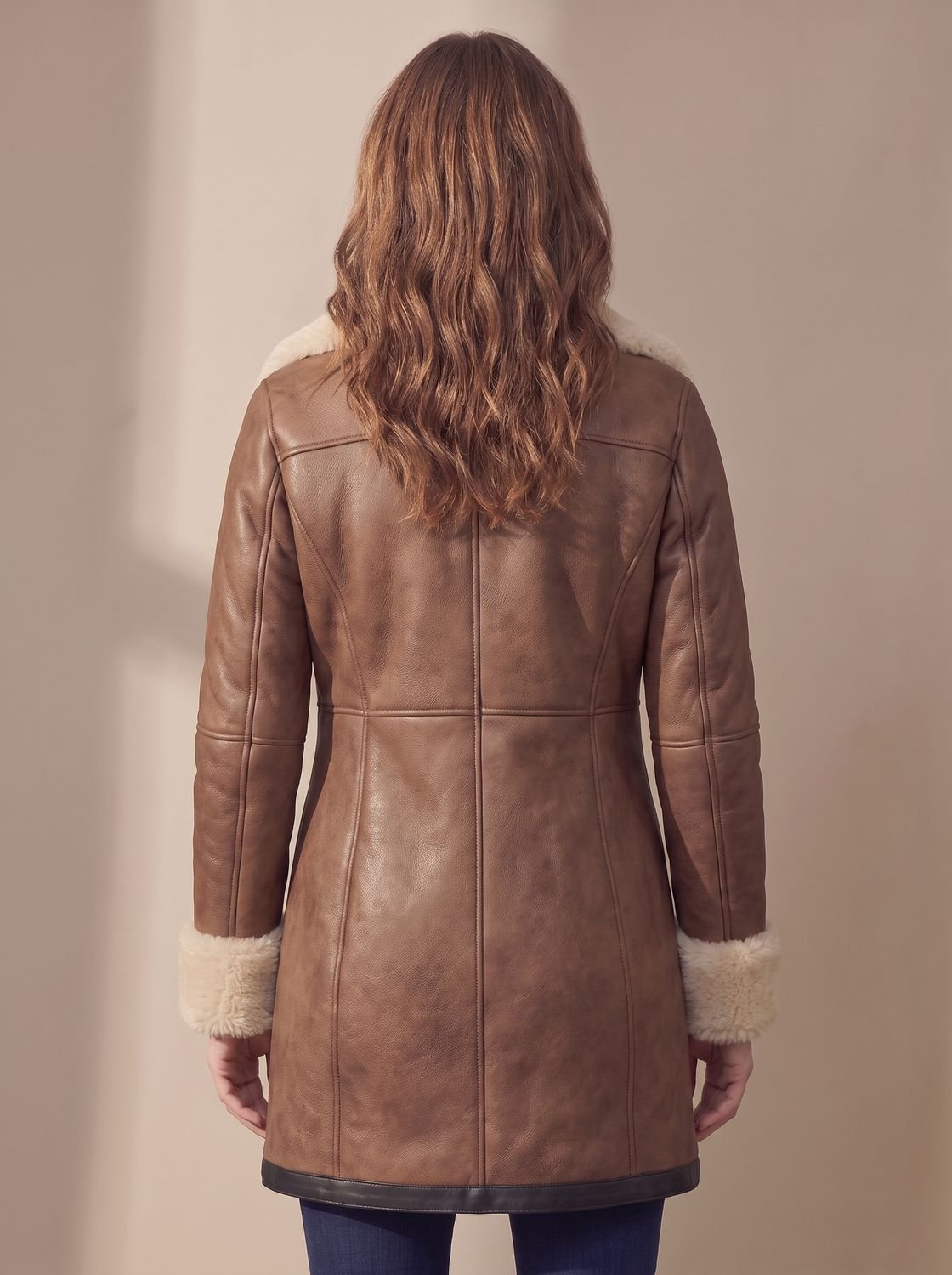Women's Shearling-Collar Zip-Front Leather Winter Coat