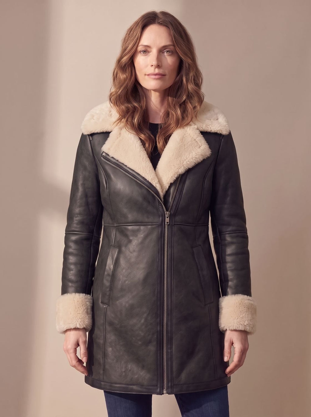Women's Shearling-Collar Zip-Front Leather Winter Coat