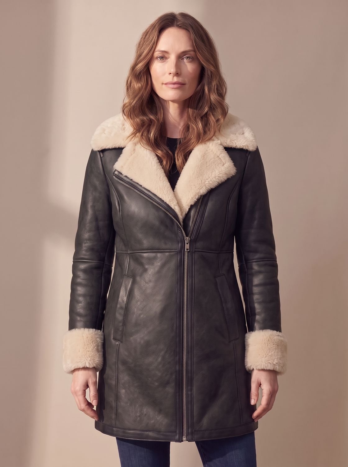 Women's Shearling-Collar Zip-Front Leather Winter Coat
