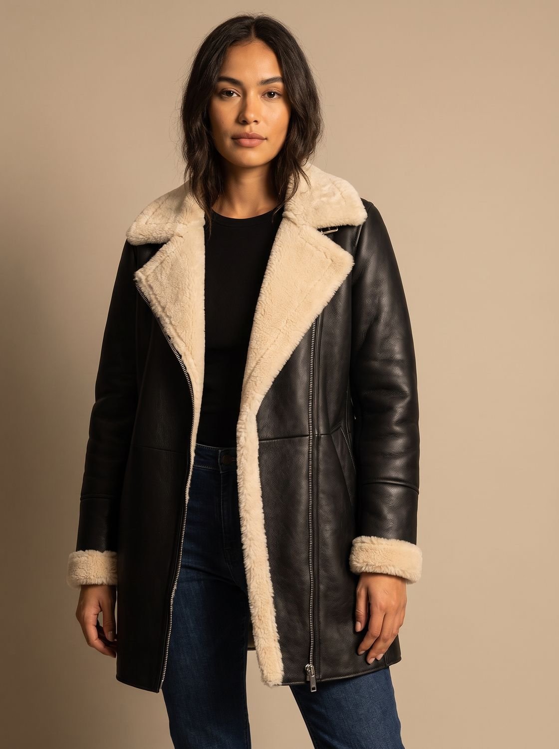 Women's Shearling-Collar Zip-Front Leather Winter Coat - Black