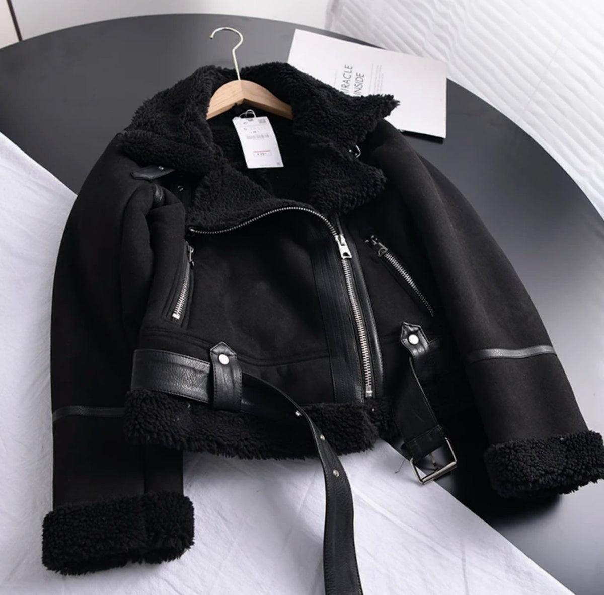 Women's Shearling-Lined Belted Suede Moto Jacket