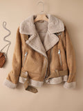 Women's Shearling-Lined Cropped Belted Moto Jacket - Brown