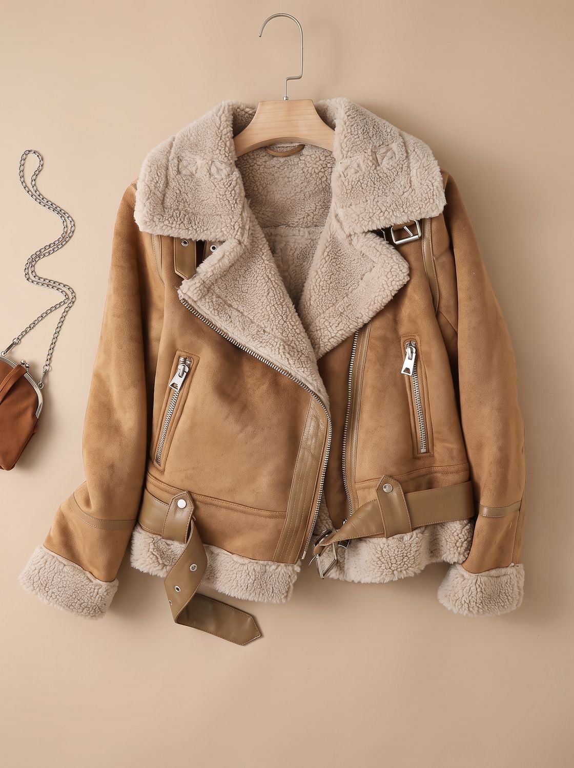 Women's Shearling-Lined Cropped Belted Moto Jacket - Brown