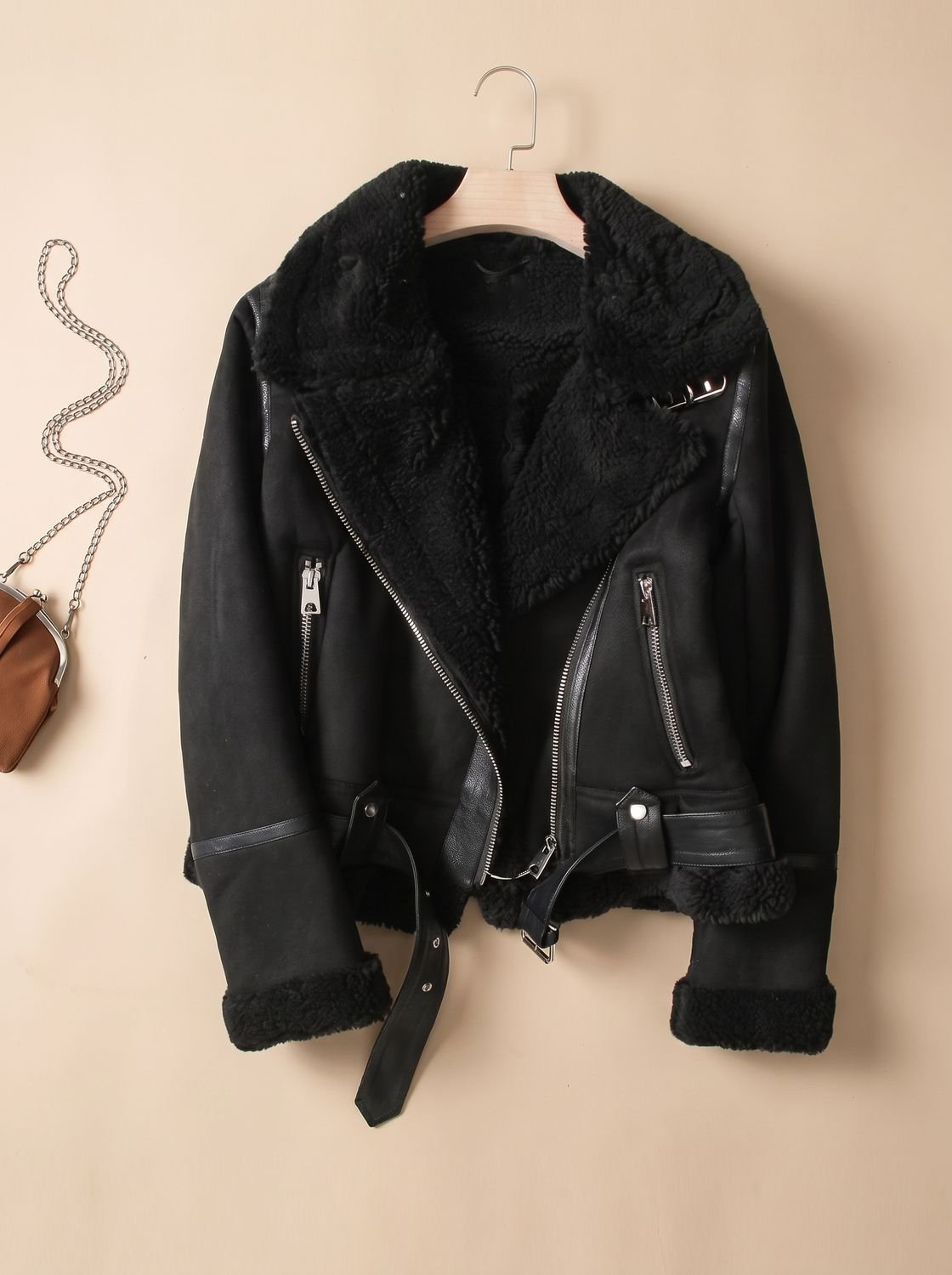 Women's Shearling-Lined Cropped Belted Moto Jacket - Black