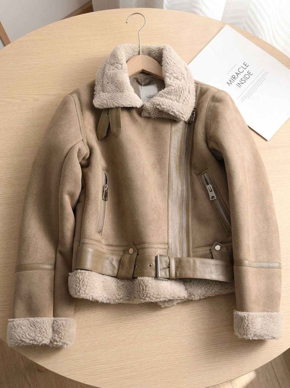 Women's Shearling-Lined Cropped Belted Moto Jacket