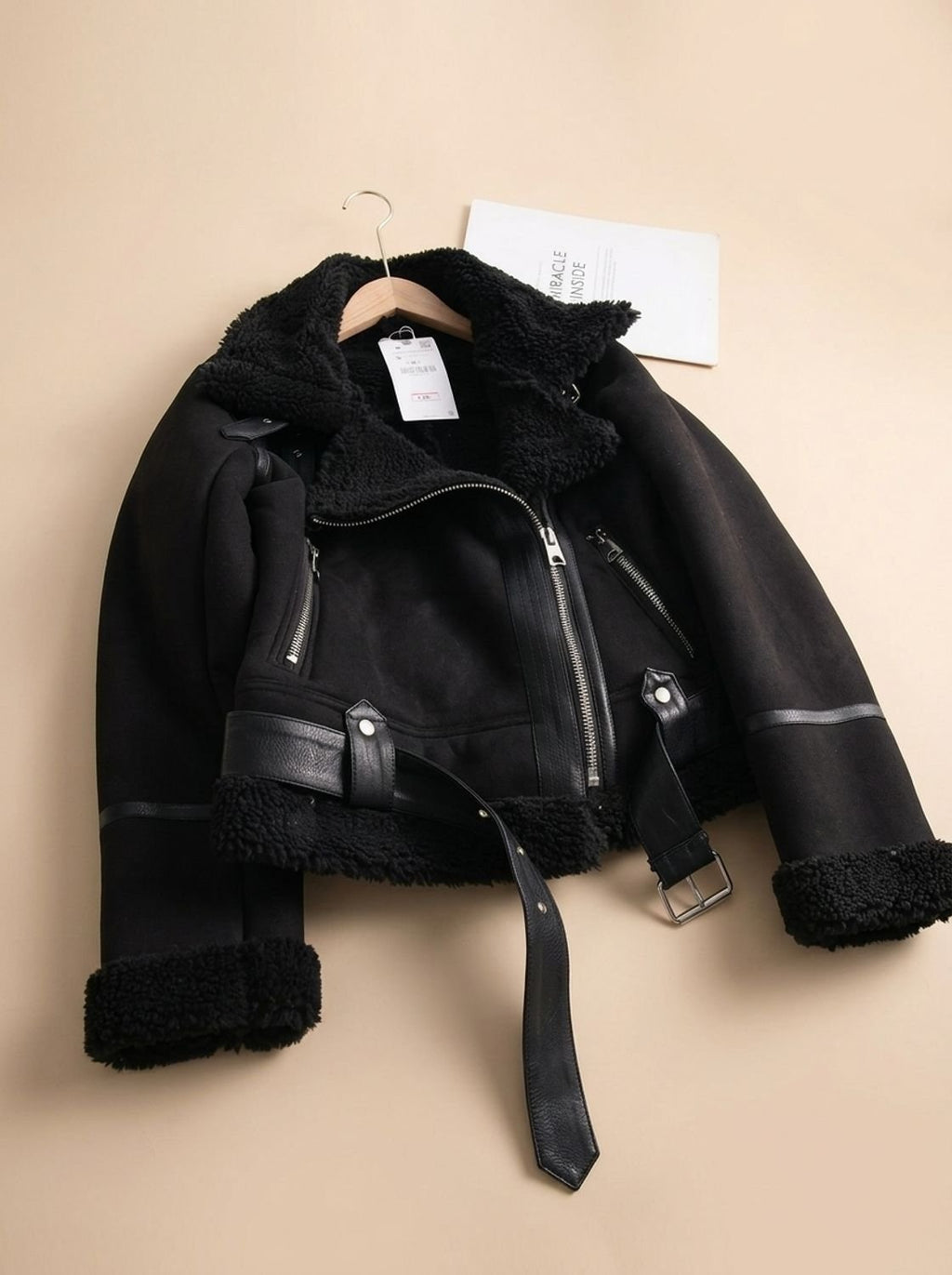Women's Shearling-Lined Cropped Belted Moto Jacket
