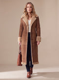 Women's Shearling-Lined Faux Fur Coat Long Button-Front Winter Coat - Brown