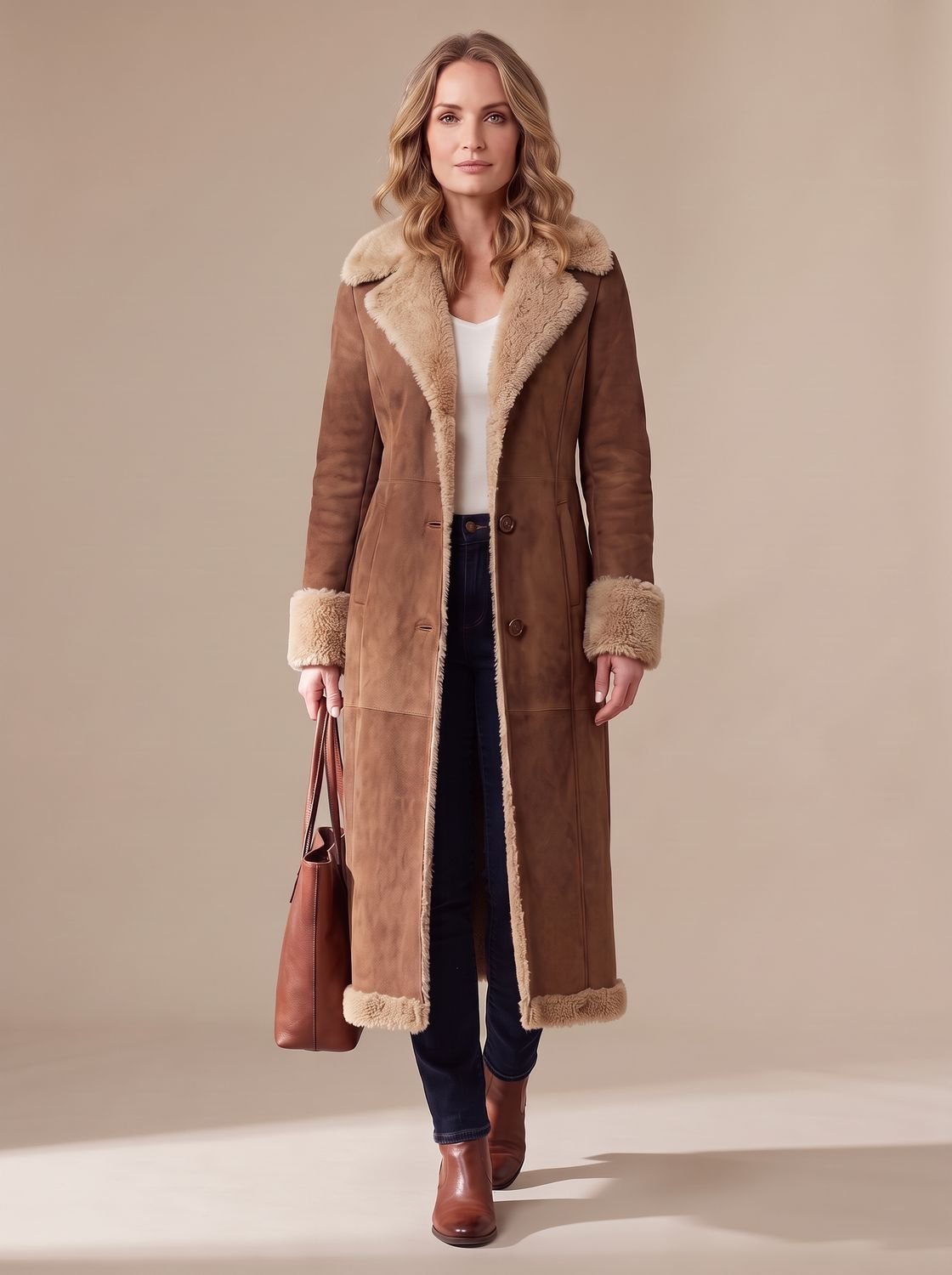 Women's Shearling-Lined Faux Fur Coat Long Button-Front Winter Coat - Brown