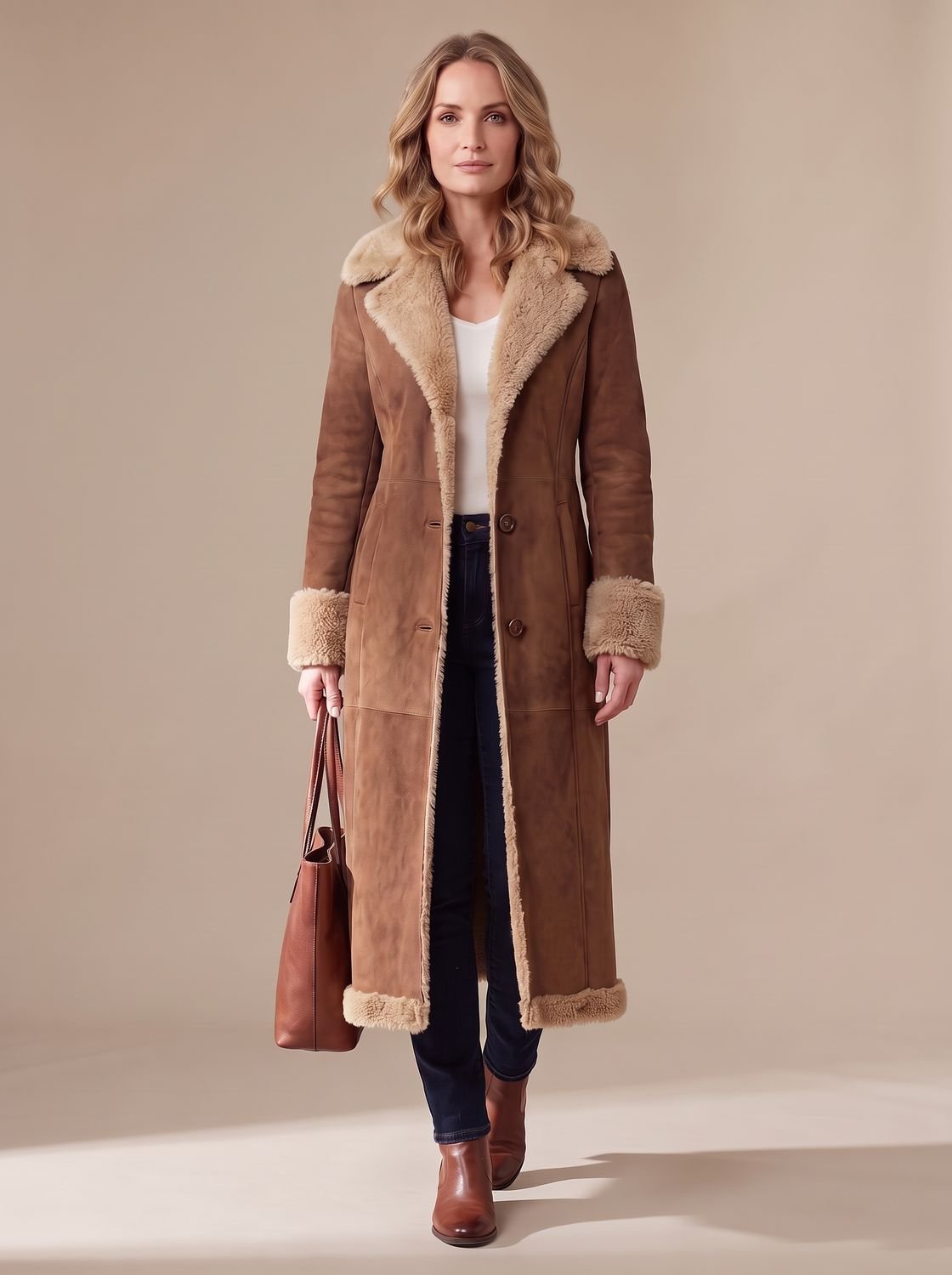 Women's Shearling-Lined Faux Fur Coat Long Button-Front Winter Coat