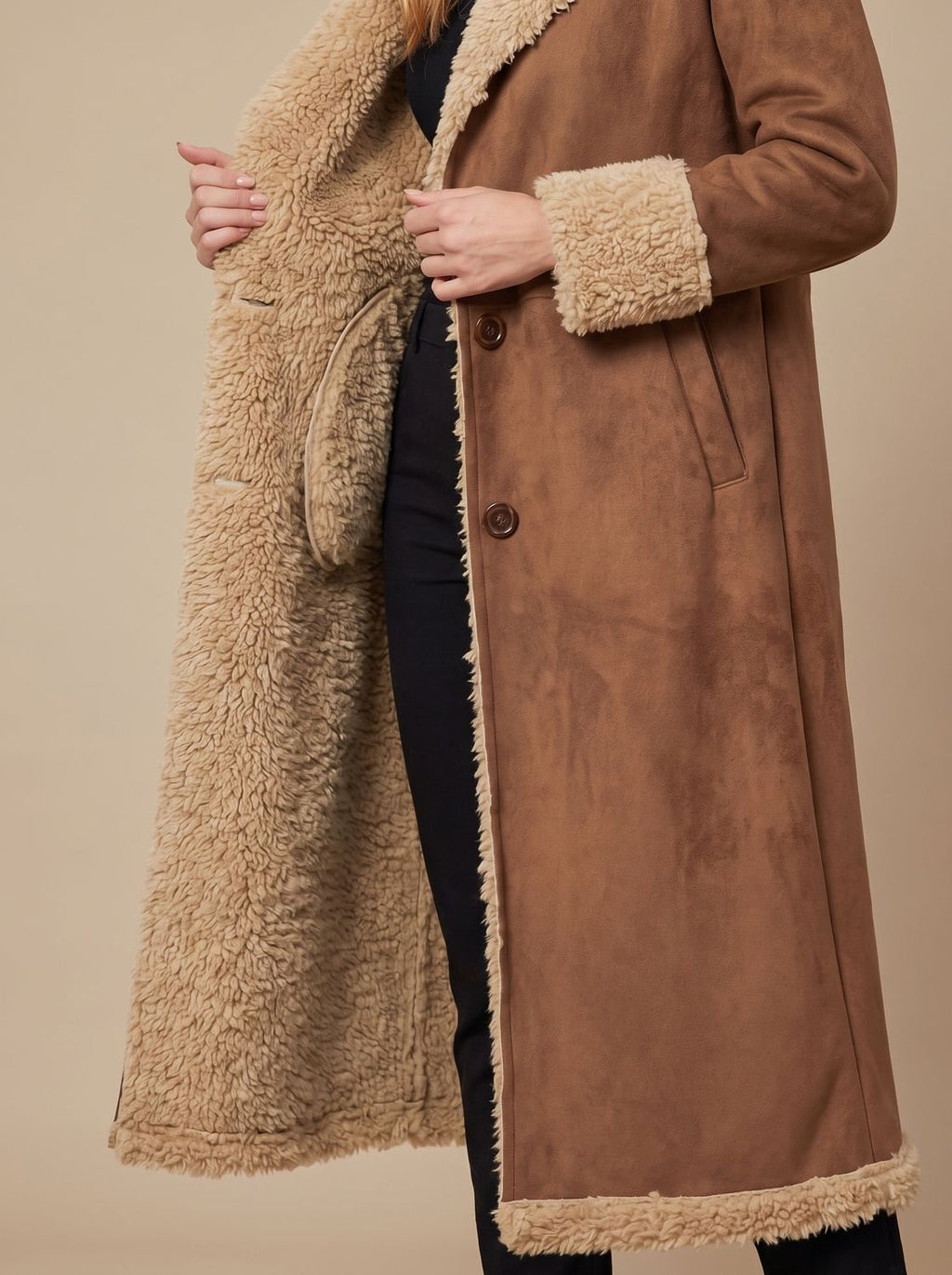 Women's Shearling-Lined Faux Fur Coat Long Button-Front Winter Coat