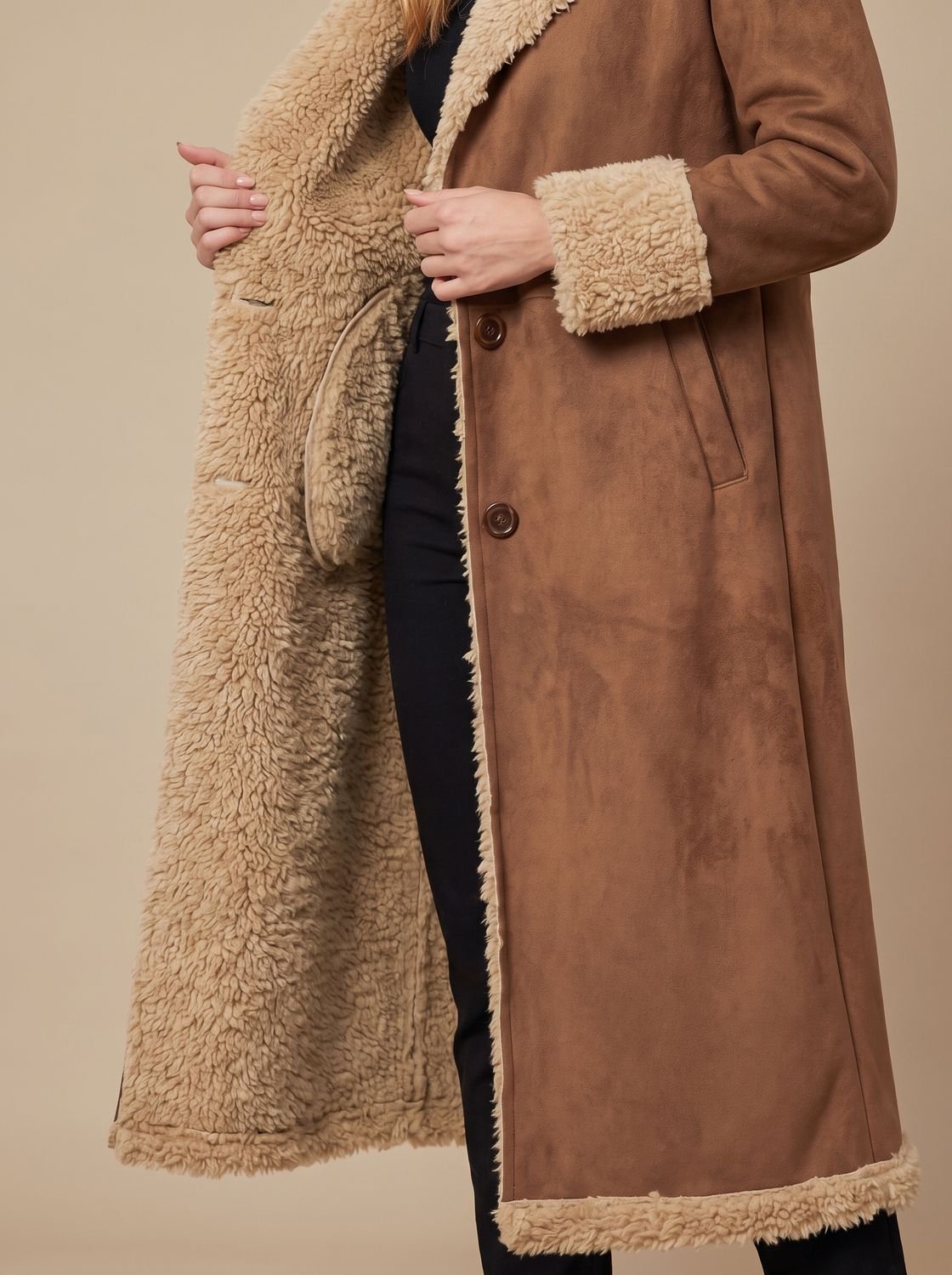 Women's Shearling-Lined Faux Fur Coat Long Button-Front Winter Coat