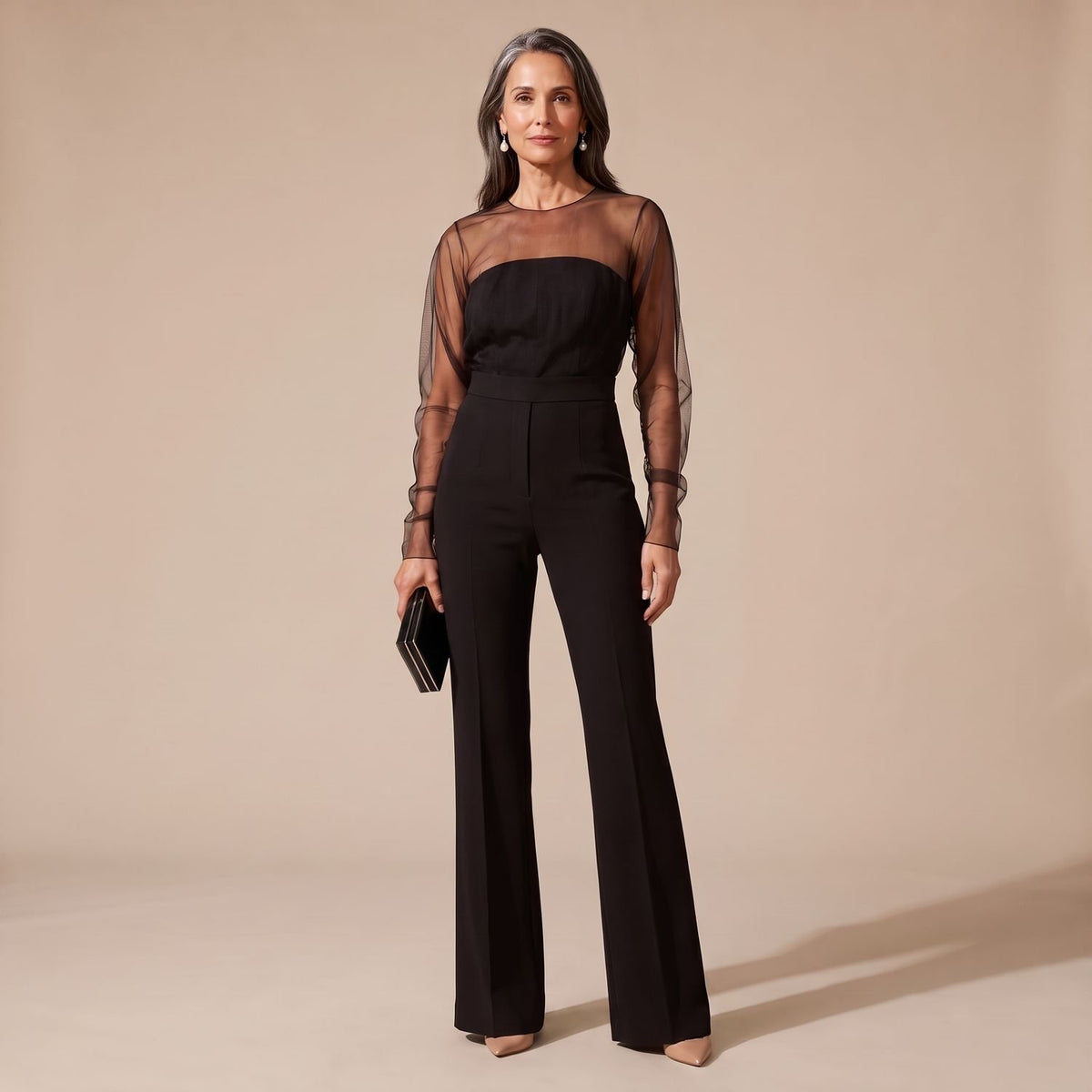 Women's Sheer Mesh Long-Sleeve Fitted Flare Jumpsuit