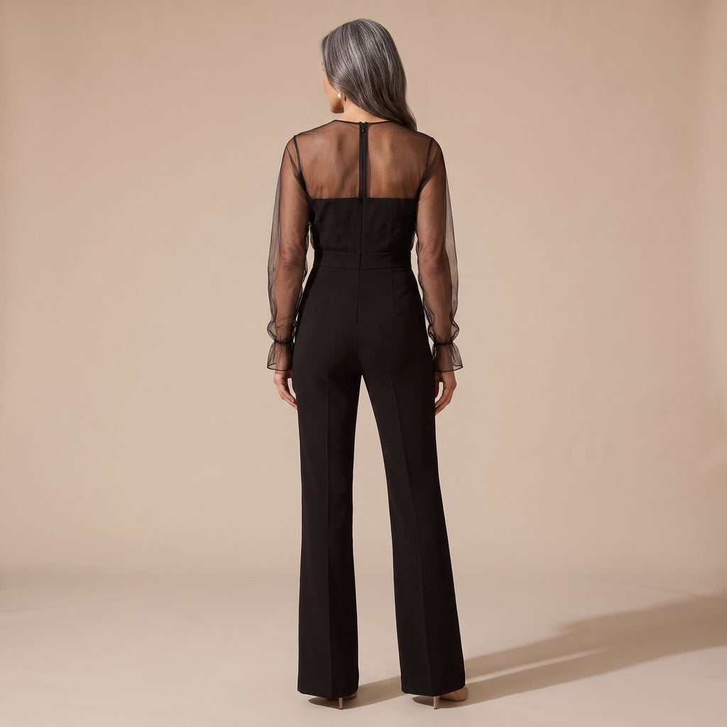 Women's Sheer Mesh Long-Sleeve Fitted Flare Jumpsuit