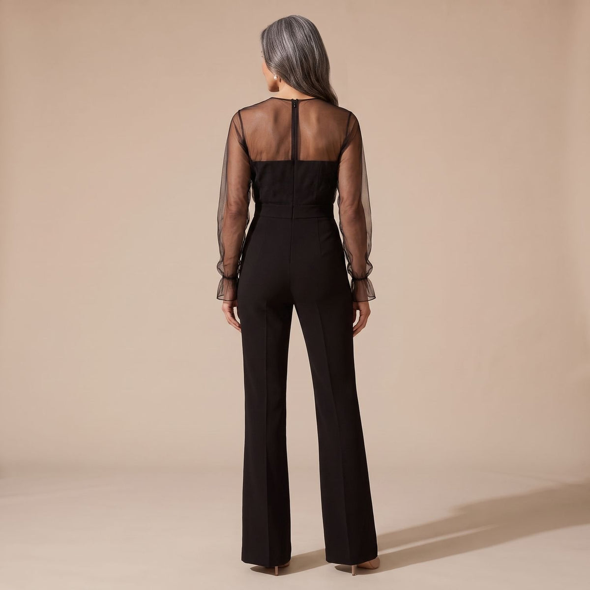 Women's Sheer Mesh Long-Sleeve Fitted Flare Jumpsuit