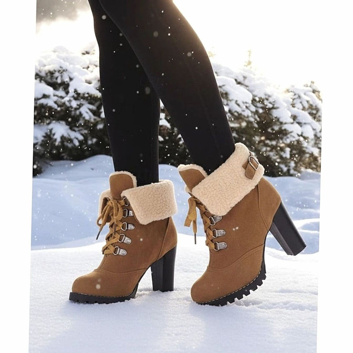 Women's Sherpa-Cuff Lace-Up Heeled Winter Snow Boots