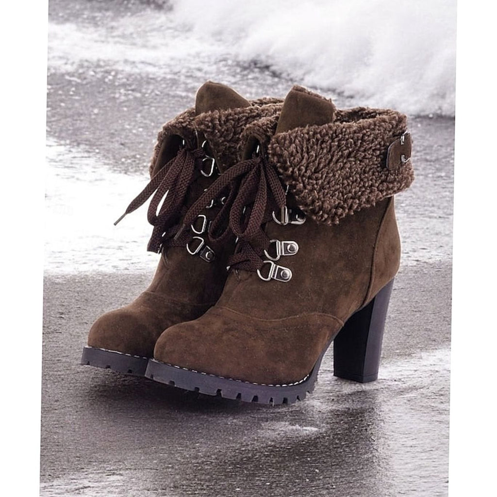 Women's Sherpa-Cuff Lace-Up Heeled Winter Snow Boots - Dark Brown