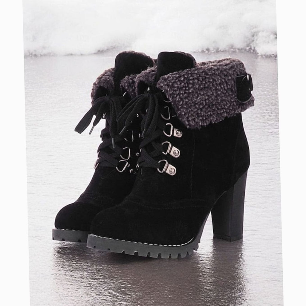 Women's Sherpa-Cuff Lace-Up Heeled Winter Snow Boots - Black